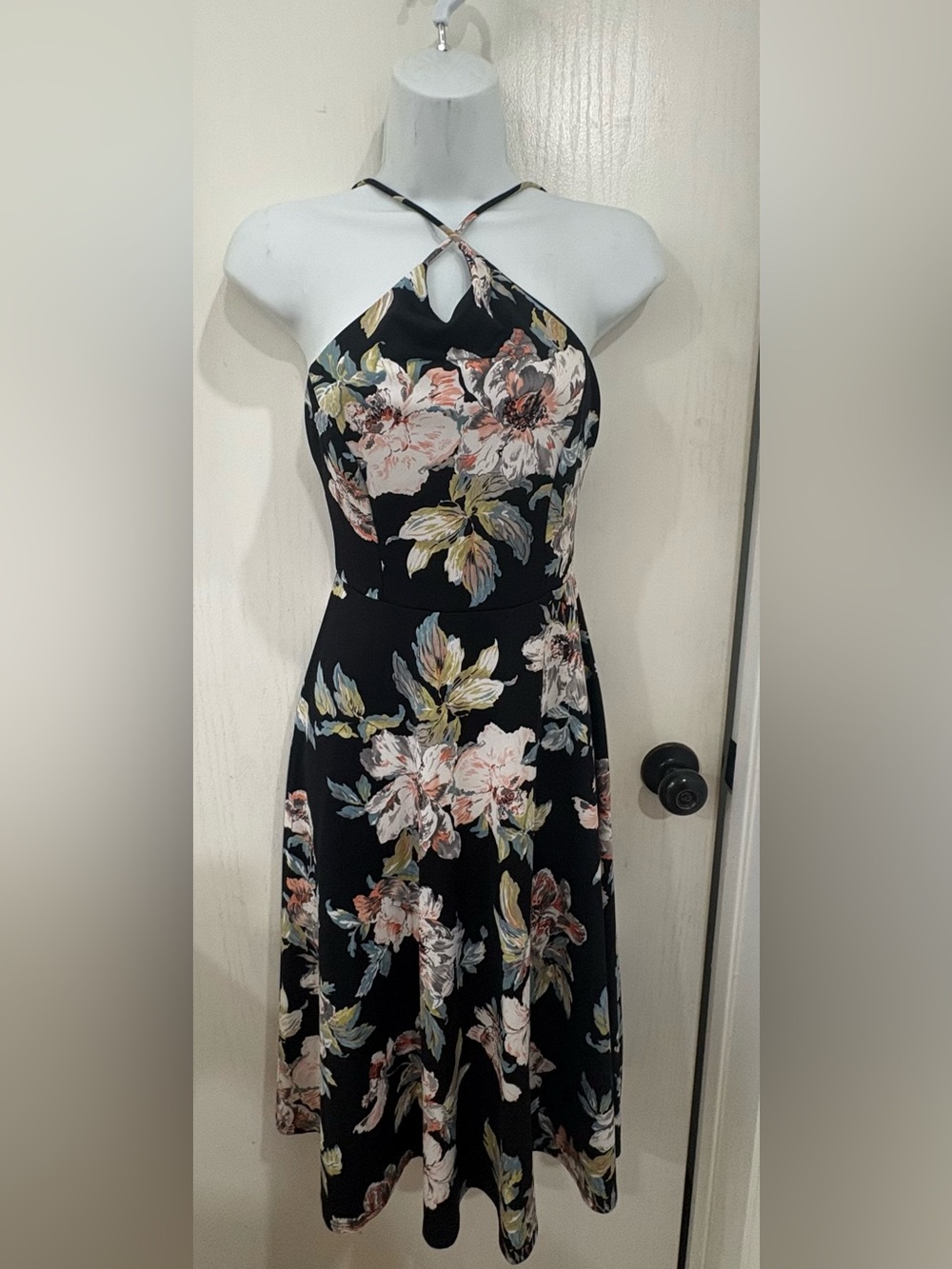 Garden party/wedding guest summer Floral Halter Midi Dress in Black